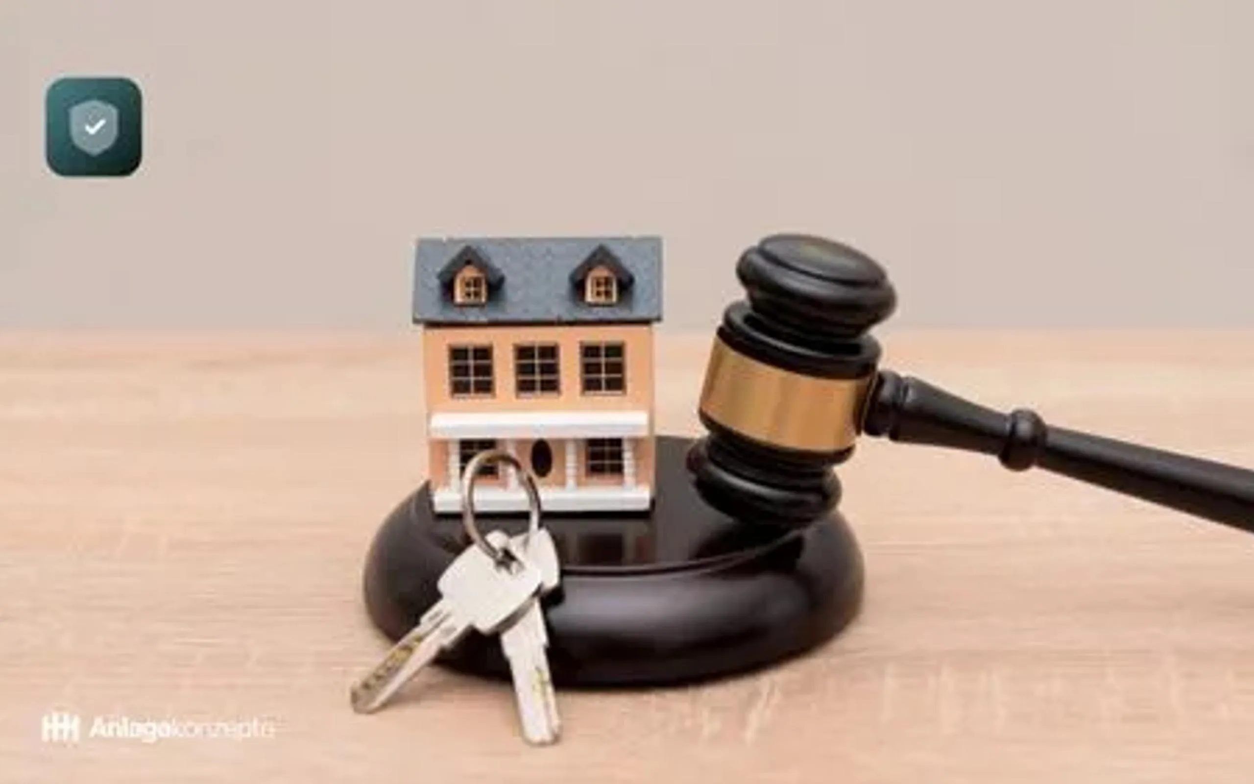 Symbolbild für Vermieterrechtsschutz: Miniaturhaus mit Schlüsselbund und Richterhammer – Schutz für Immobilieneigentümer bei Mietstreit in Hamburg