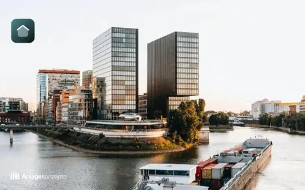 Eine Luftaufnahme und eine weite Sicht der Stadt Düsseldorf