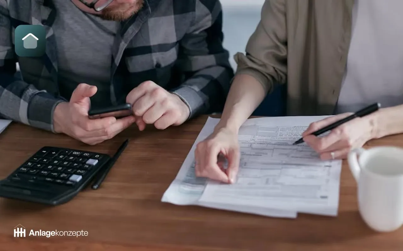Zwei Personen arbeiten an Immobilien-Anlagekonzepten in Deutschland, mit Dokumenten, einem Taschenrechner und einem Smartphone auf einem Tisch, während sie Finanz- und Steuerplanung für Immobilieninvestitionen besprechen. Haus-Symbol und Anlagekonzepte-Logo im Vordergrund